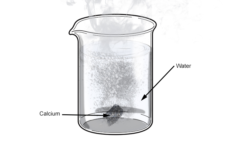 Calcium reacts vigorously with water but sinks as it is denser than group 1 metals